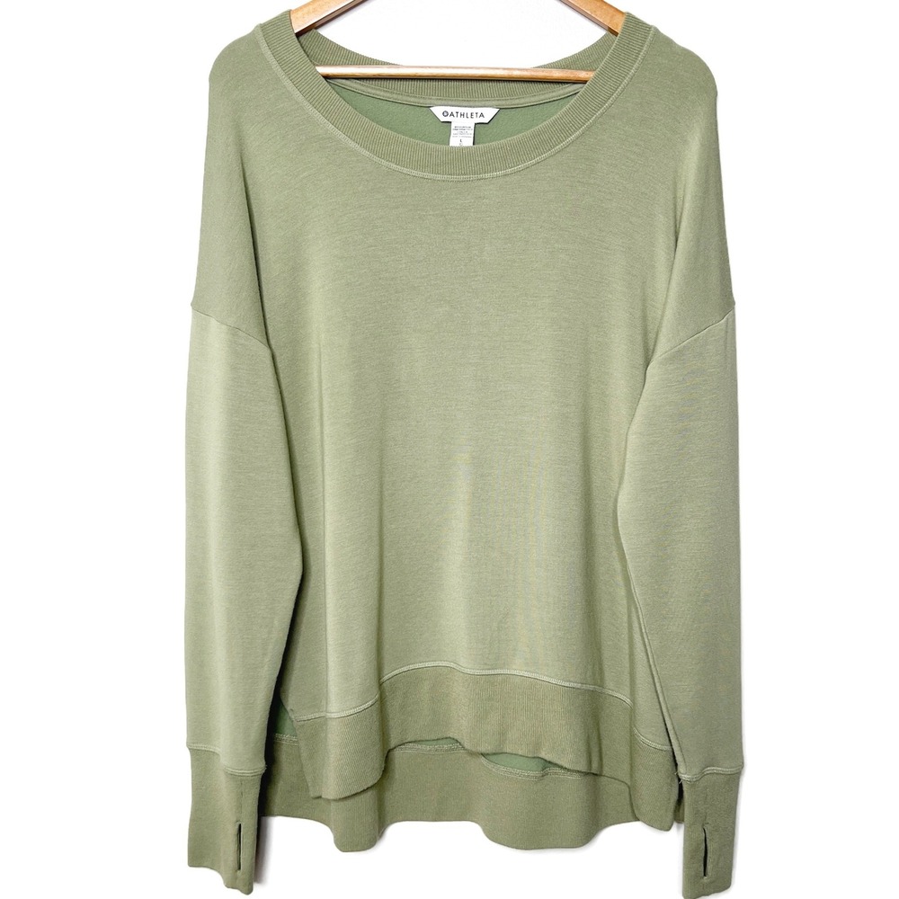 Athleta Coaster Luxe Sweatshirt Sage Green Relaxed Thumbhole Pullover Size L - Picture 2 of 8